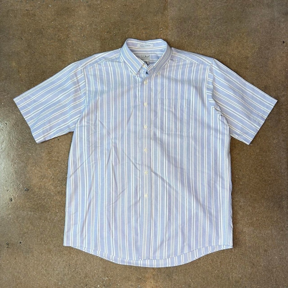 LL Bean Mens 16.5 Regular Blue White Striped Short Sleeve Button Down Shirt